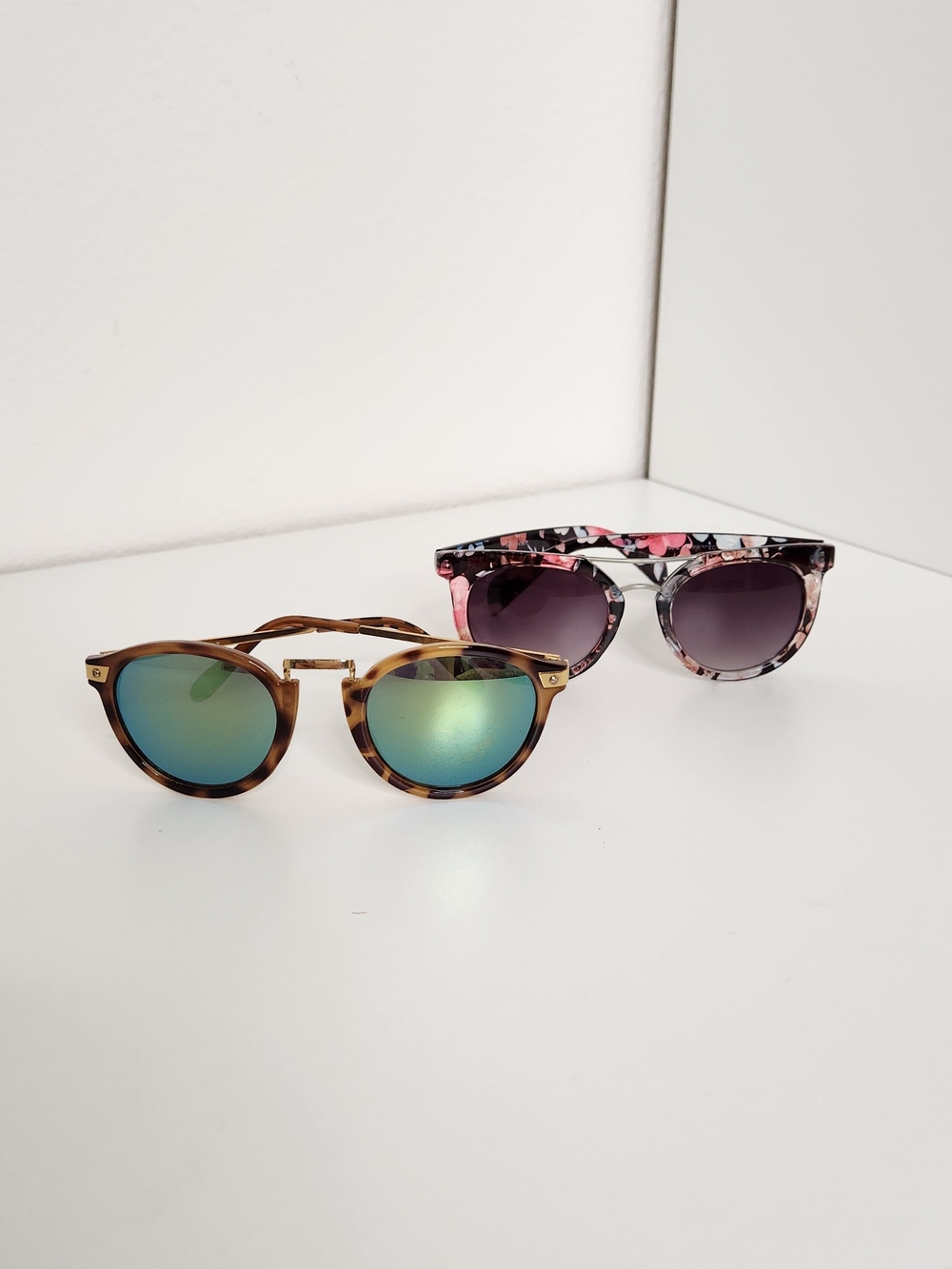 Tortoiseshell Sunglasses with Mirrored Green Lenses + Floral Sunglasses